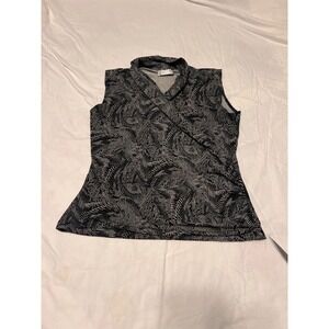 Jon Den Womens Black White Abstract Dot Swirl Surplice Sleeveless Blouse Size M